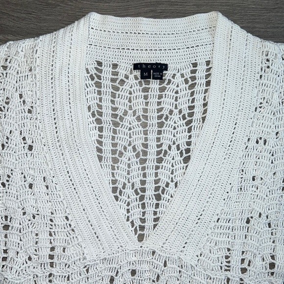 THEORY Crochet Open Knit Top Medium Unlined White Coastal Resortwear Bohemian - Picture 4 of 10